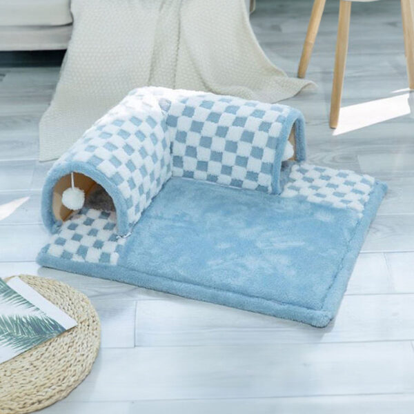 2-in-1 Funny Plush Plaid Checkered Cat Tunnel  Bed - Image 9