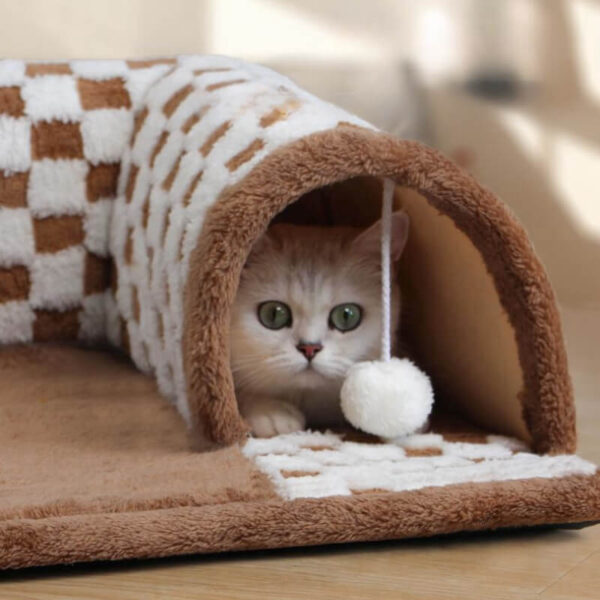 2-in-1 Funny Plush Plaid Checkered Cat Tunnel  Bed - Image 7
