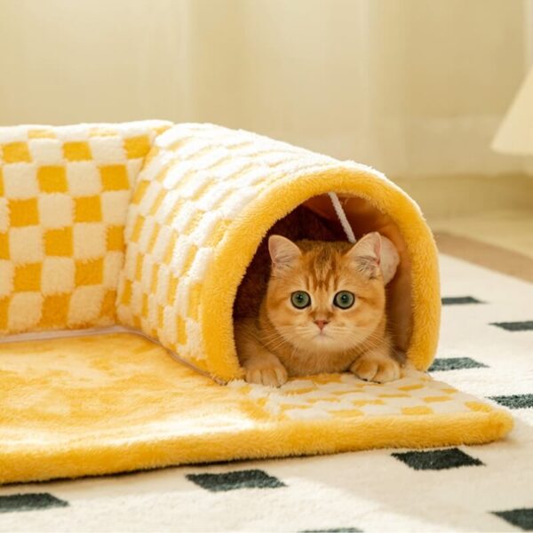 2-in-1 Funny Plush Plaid Checkered Cat Tunnel  Bed - Image 4