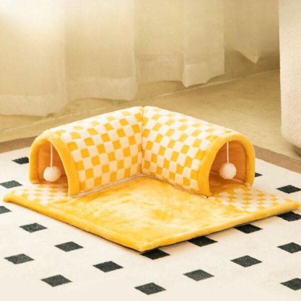 2-in-1 Funny Plush Plaid Checkered Cat Tunnel  Bed - Image 8