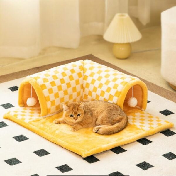 2-in-1 Funny Plush Plaid Checkered Cat Tunnel  Bed - Image 3