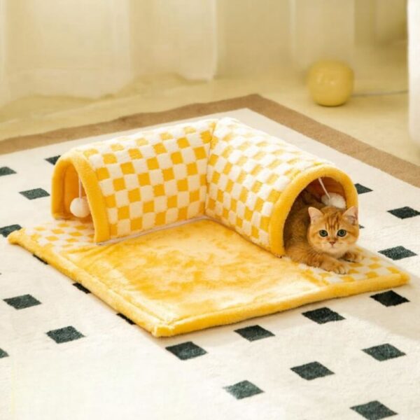 2-in-1 Funny Plush Plaid Checkered Cat Tunnel  Bed - Image 2