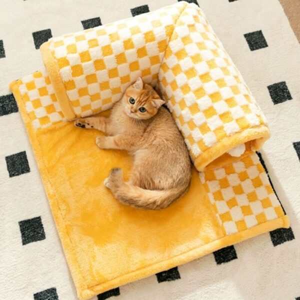 2-in-1 Funny Plush Plaid Checkered Cat Tunnel  Bed - Image 5